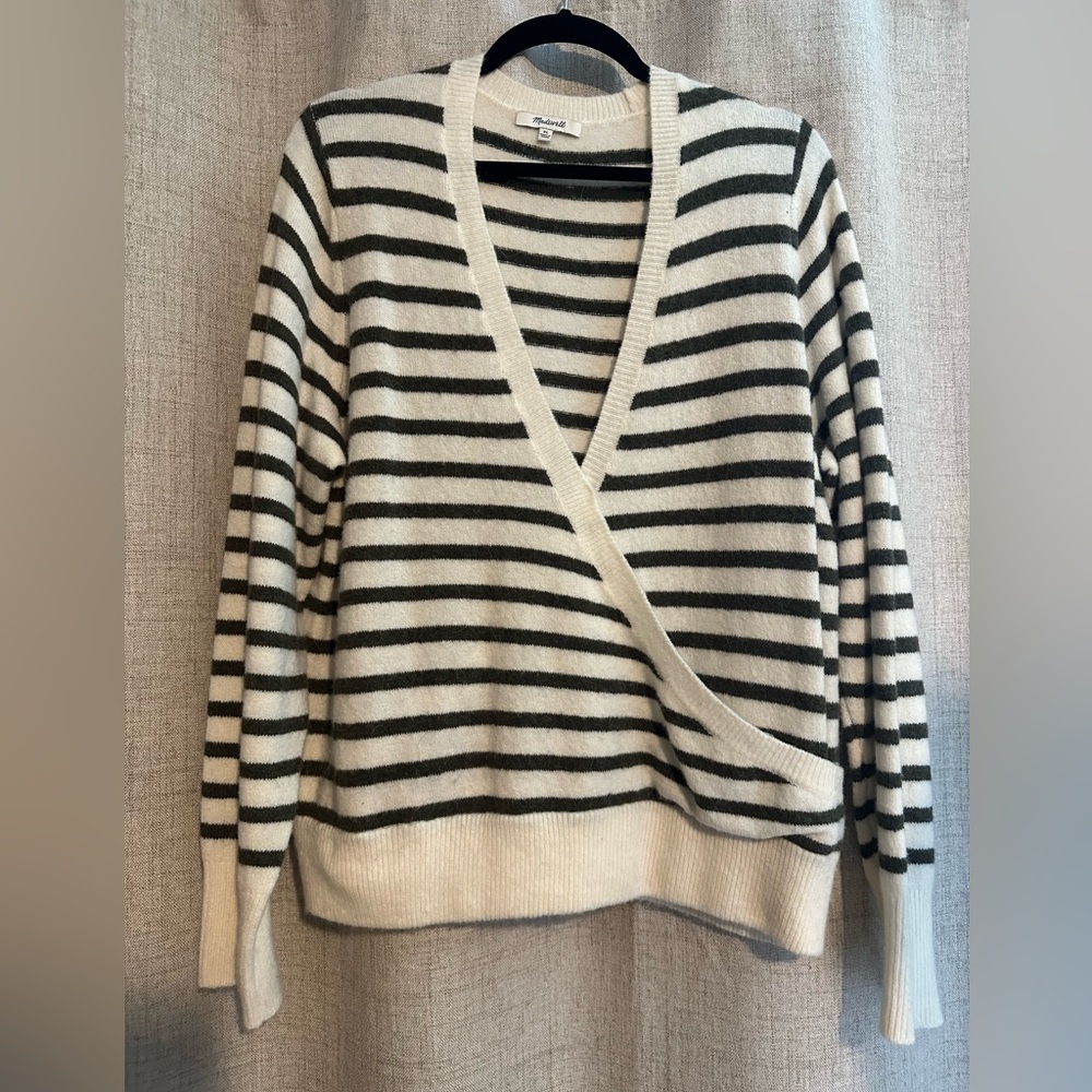 Madewell women’s wrap-front Elthorne stripe sweater AC788 olive/white size XL